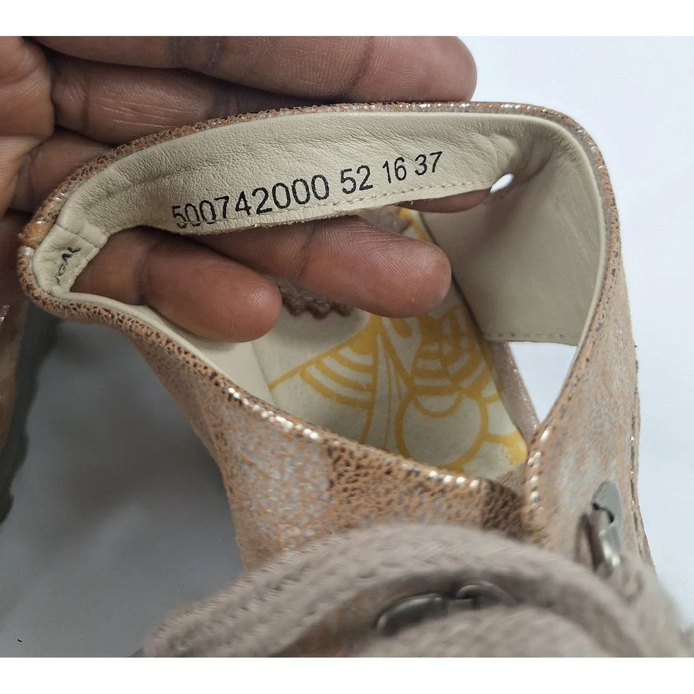 Fly‎ London Yala Rose Gold Metallic Leather Lace Up Wedge Sandals EU 37 US 6-6.5
